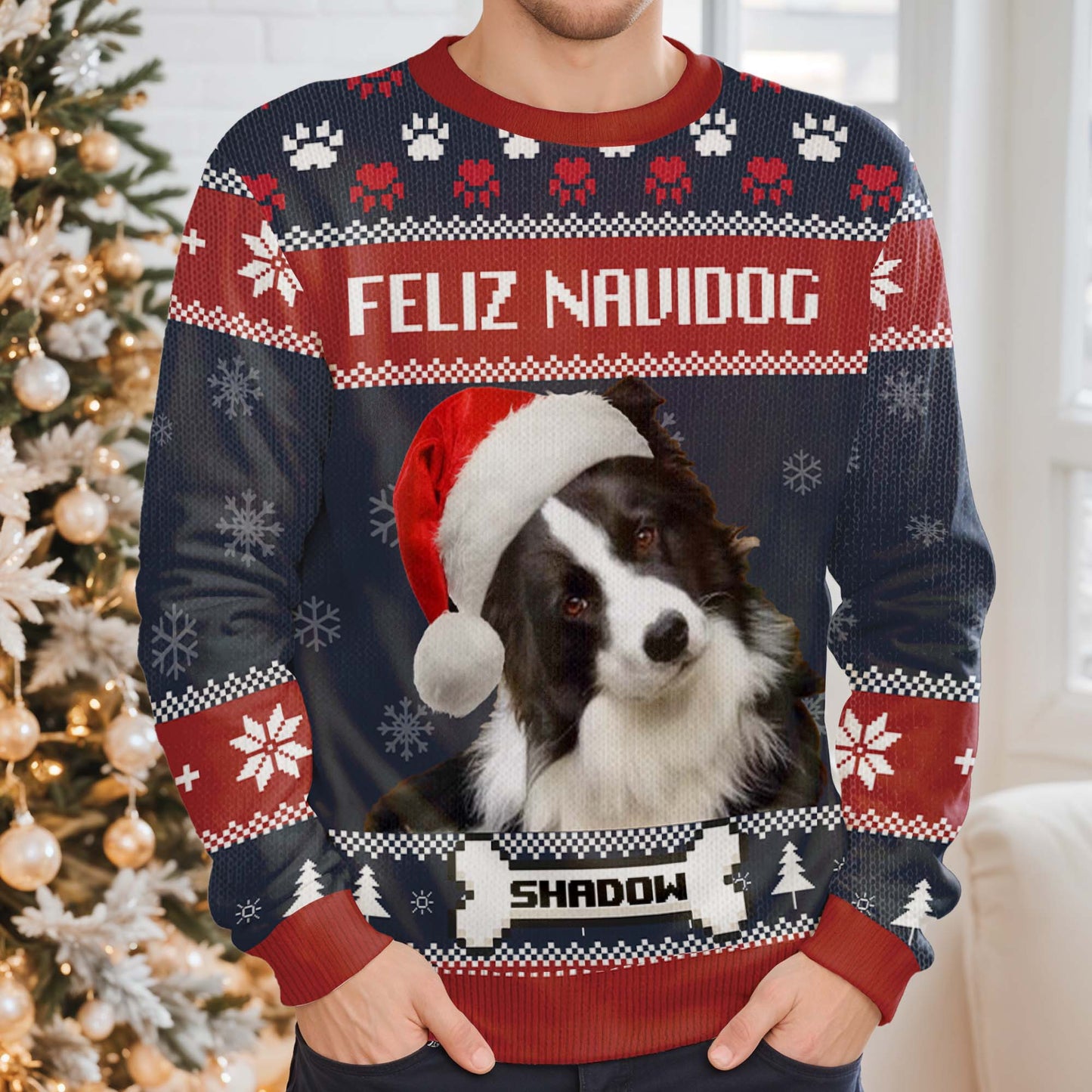 Feliz Navidog Ugly Christmas Sweater Featuring Cute Dog - Personalized Custom Ugly Sweatshirt, Unisex Wool Jumper - PET055_TWS
