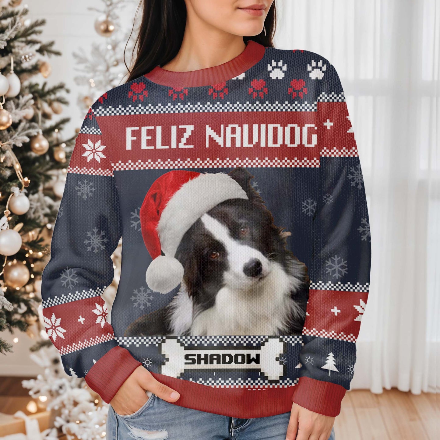 Feliz Navidog Ugly Christmas Sweater Featuring Cute Dog - Personalized Custom Ugly Sweatshirt, Unisex Wool Jumper - PET055_TWS