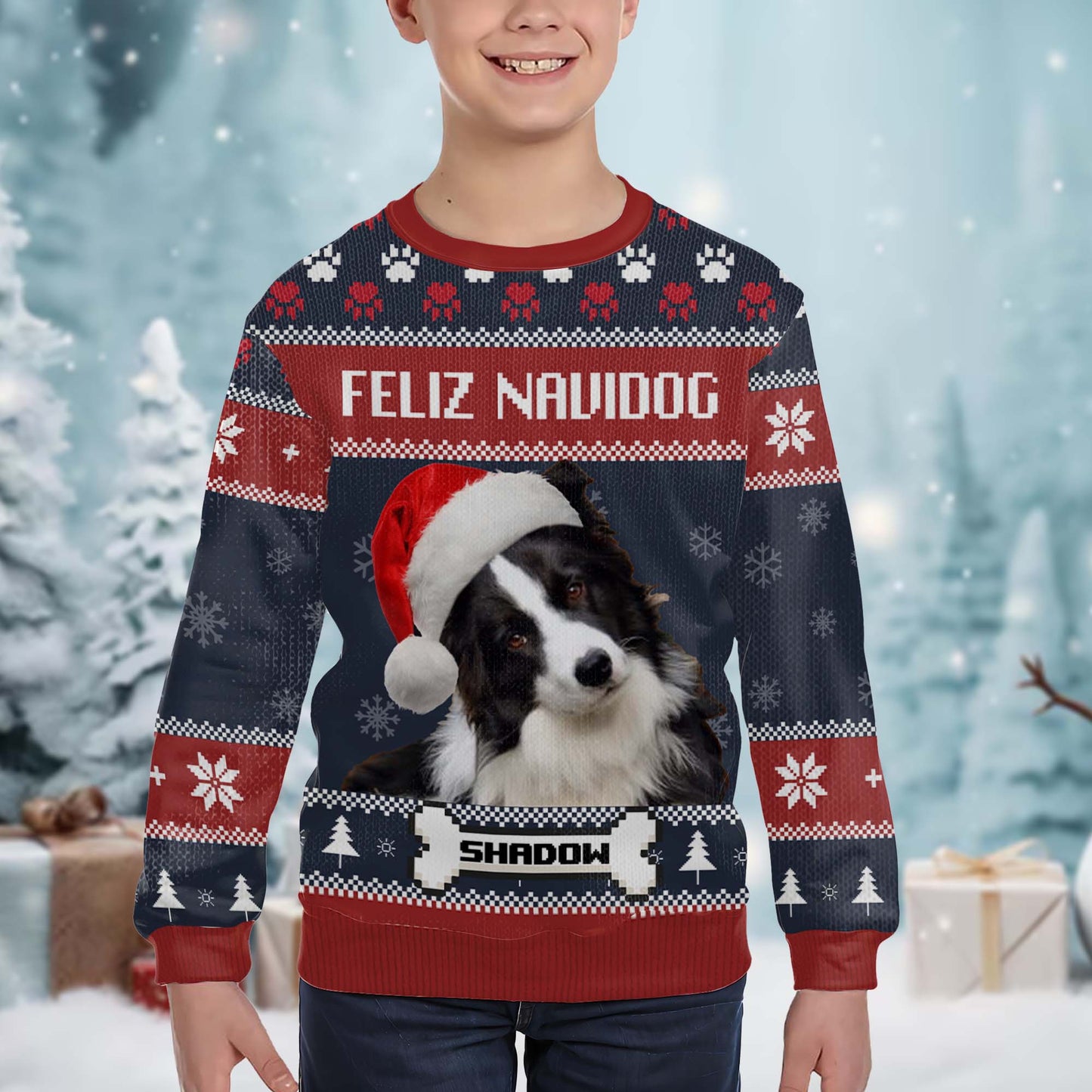 Feliz Navidog Ugly Christmas Sweater Featuring Cute Dog - Personalized Custom Ugly Sweatshirt, Unisex Wool Jumper - PET055_TWS