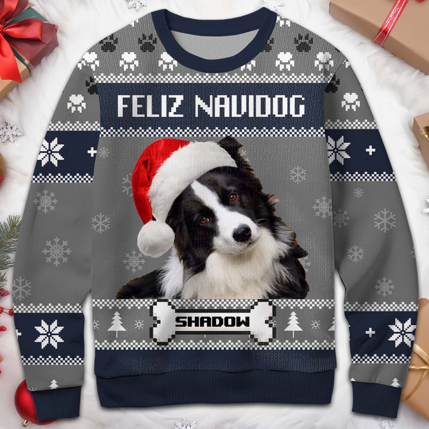 Feliz Navidog Ugly Christmas Sweater Featuring Cute Dog - Personalized Custom Ugly Sweatshirt, Unisex Wool Jumper - PET055_TWS