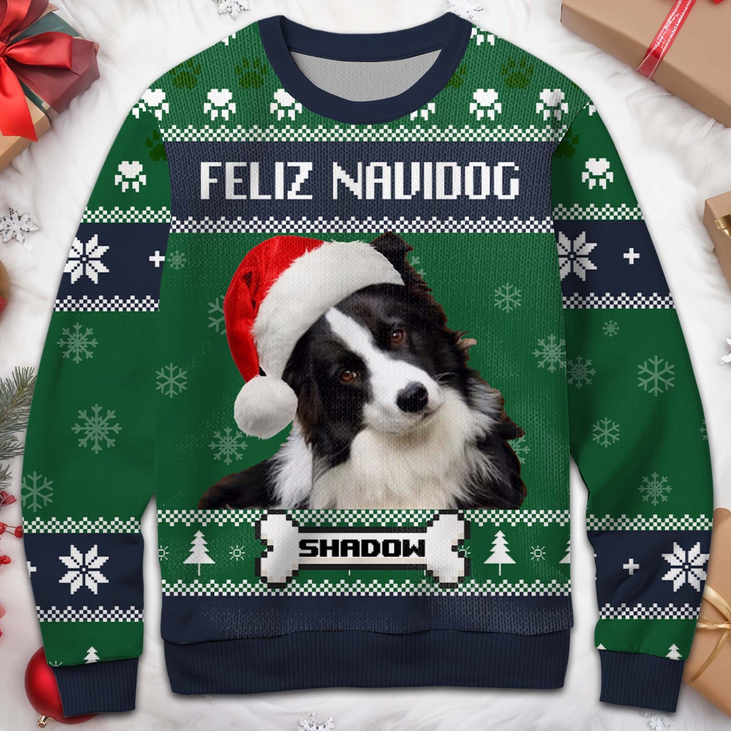 Feliz Navidog Ugly Christmas Sweater Featuring Cute Dog - Personalized Custom Ugly Sweatshirt, Unisex Wool Jumper - PET055_TWS