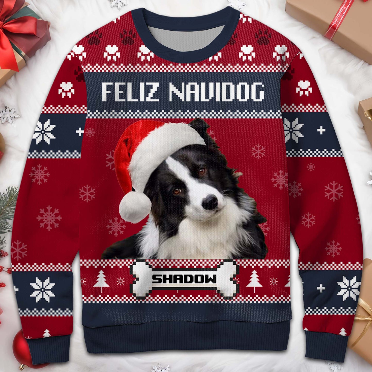Feliz Navidog Ugly Christmas Sweater Featuring Cute Dog - Personalized Custom Ugly Sweatshirt, Unisex Wool Jumper - PET055_TWS