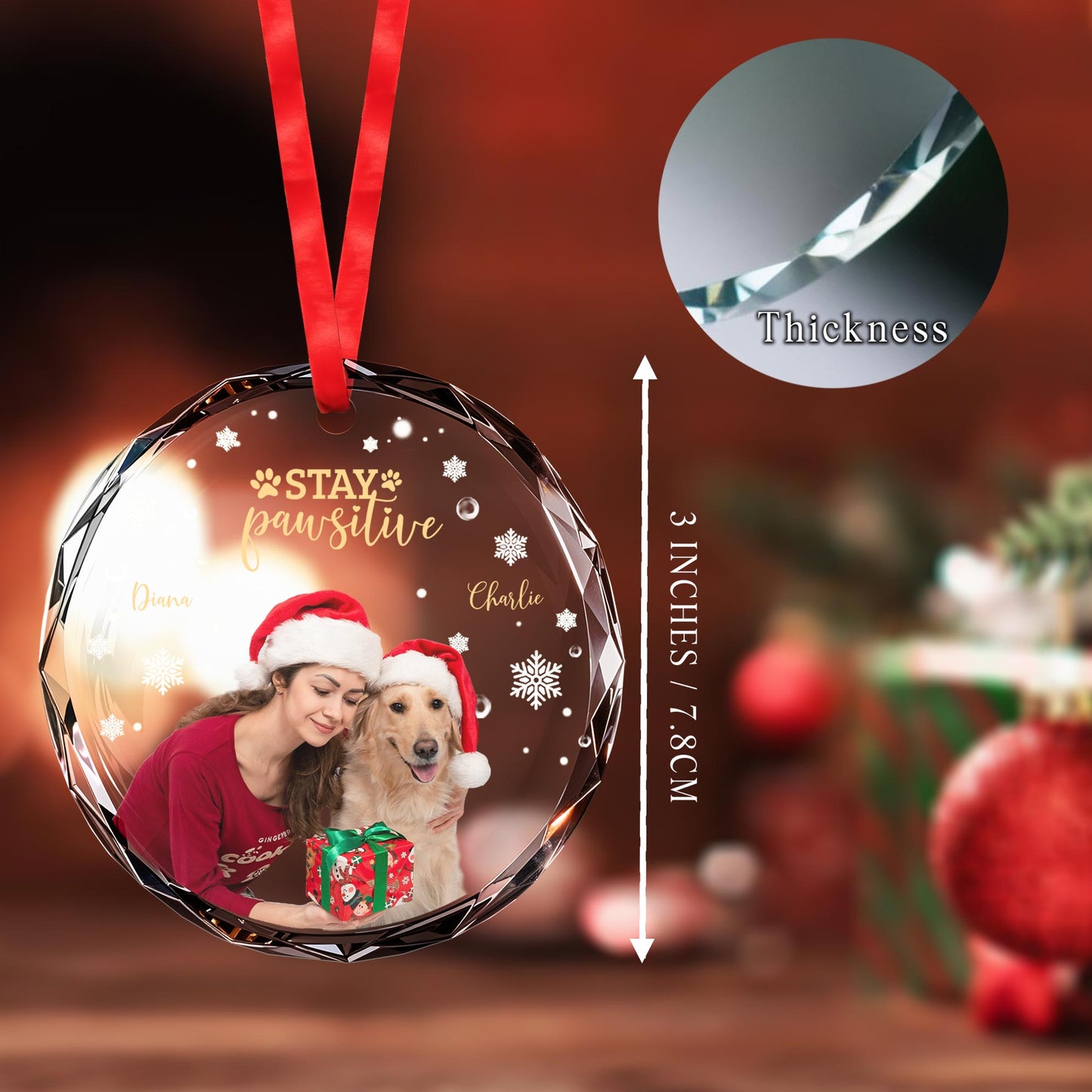 Stay Pawsitive Circle Glass Ornament With Dog