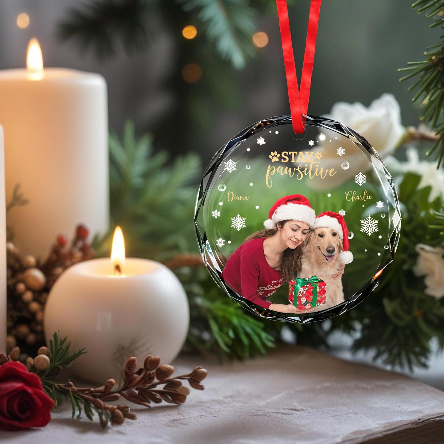 Stay Pawsitive Circle Glass Ornament With Dog