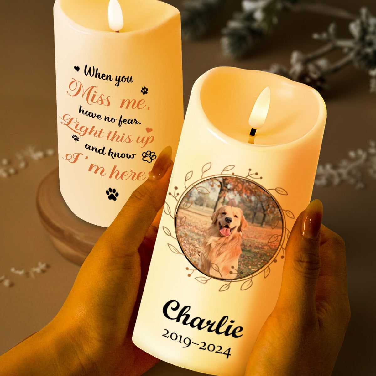 Miss Me Light Up Candle With Dog Photo And Paw Prints