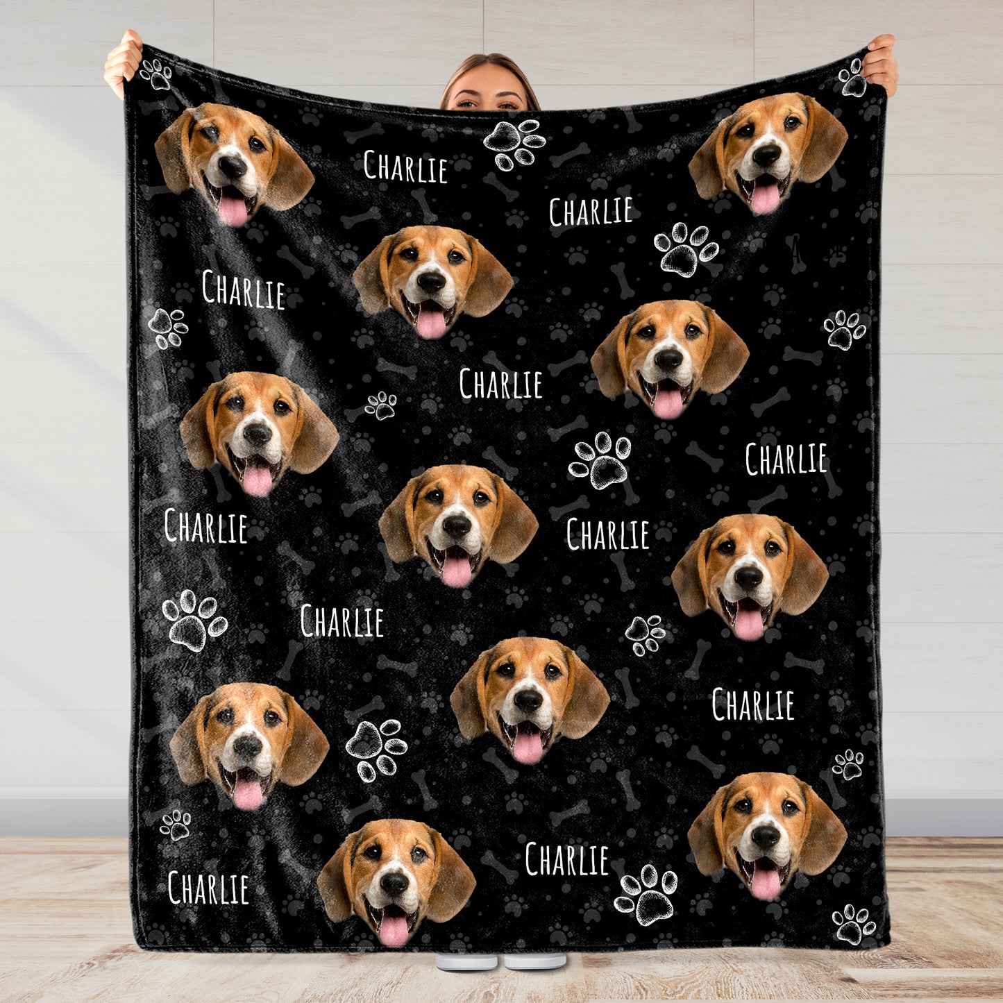 Joyful Dog Portraits And Paw Prints Blanket - Personalized Custom Blanket - PET080_BLK
