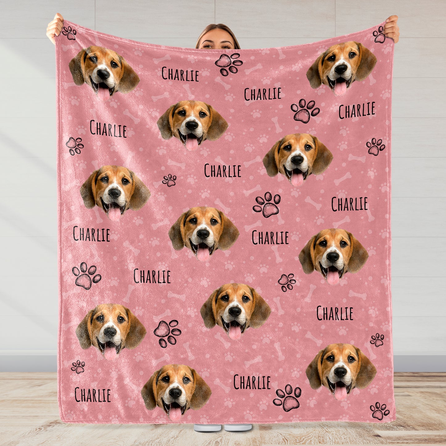 Joyful Dog Portraits And Paw Prints Blanket - Personalized Custom Blanket - PET080_BLK