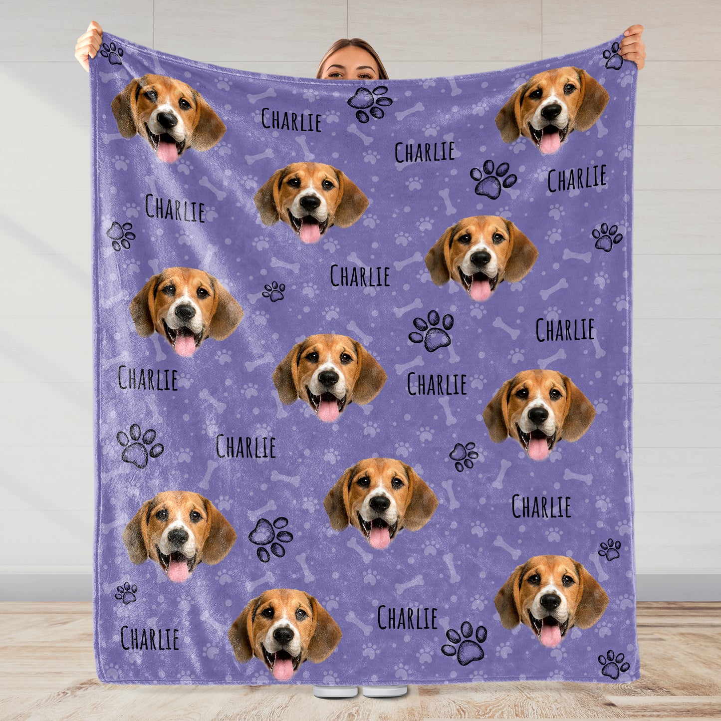 Joyful Dog Portraits And Paw Prints Blanket - Personalized Custom Blanket - PET080_BLK