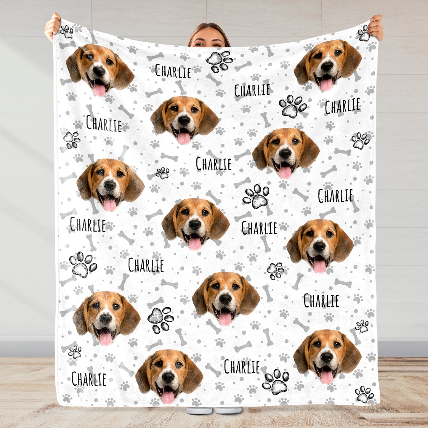 Joyful Dog Portraits And Paw Prints Blanket - Personalized Custom Blanket - PET080_BLK