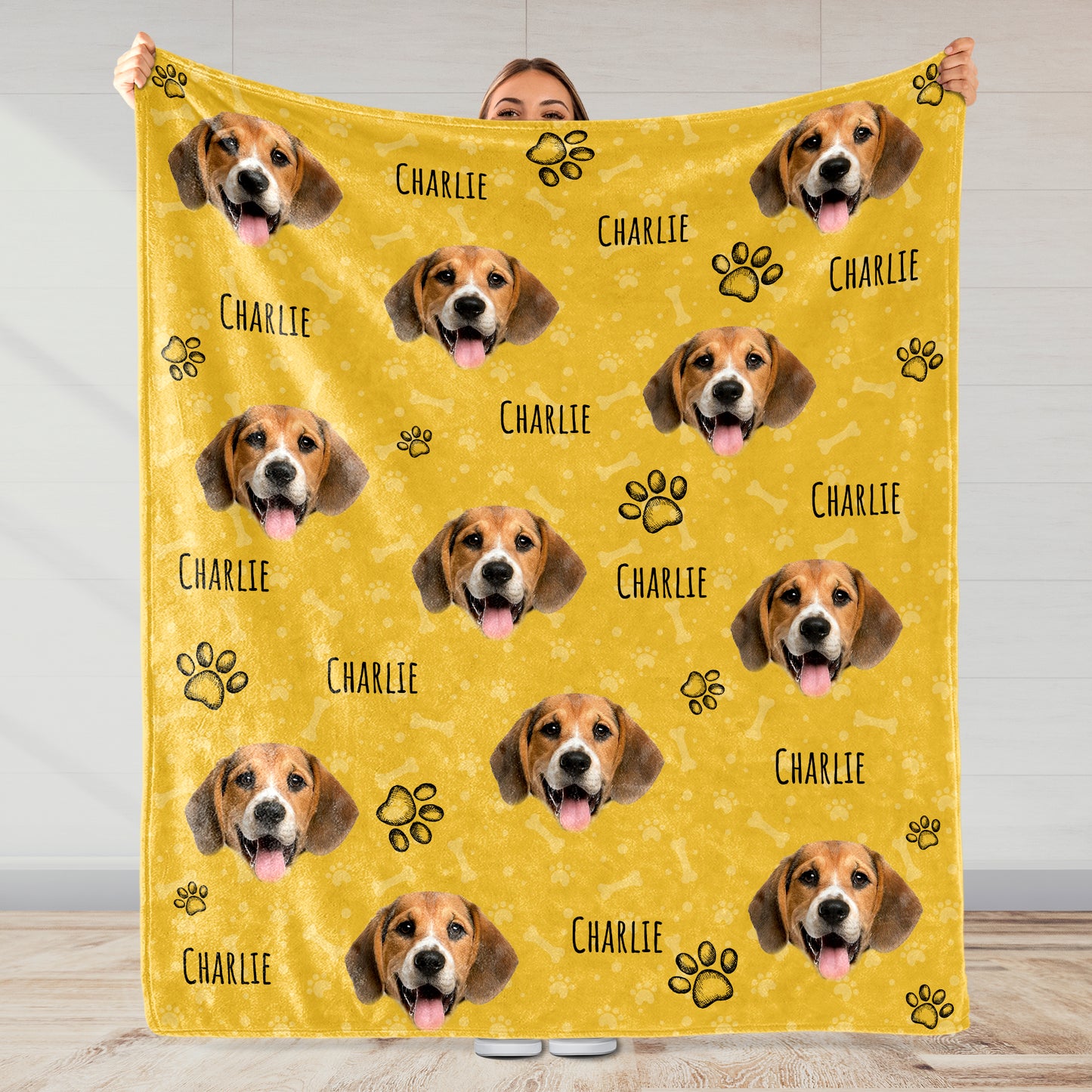 Joyful Dog Portraits And Paw Prints Blanket - Personalized Custom Blanket - PET080_BLK