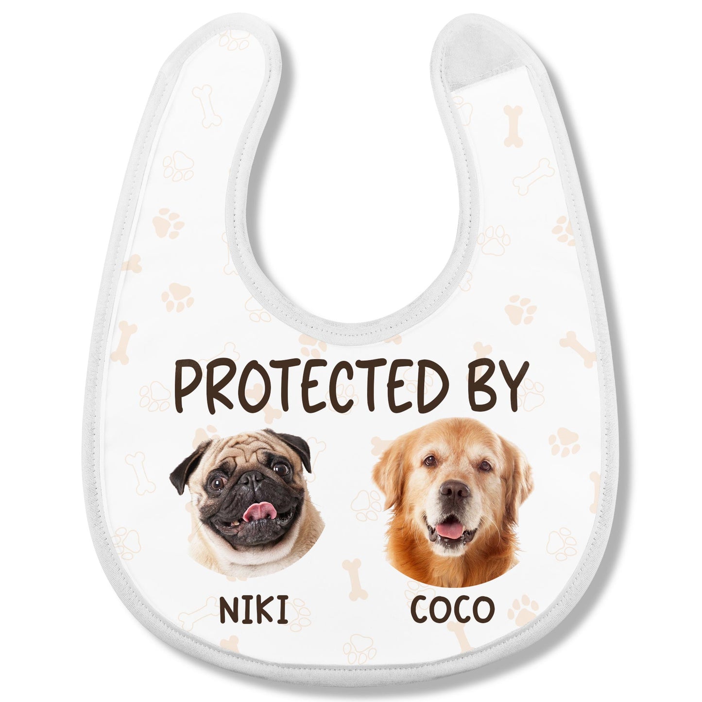 Protégé par Niki et Coco, chiens et empreintes de pattes - Bavoir bébé personnalisé - PET112_BBB