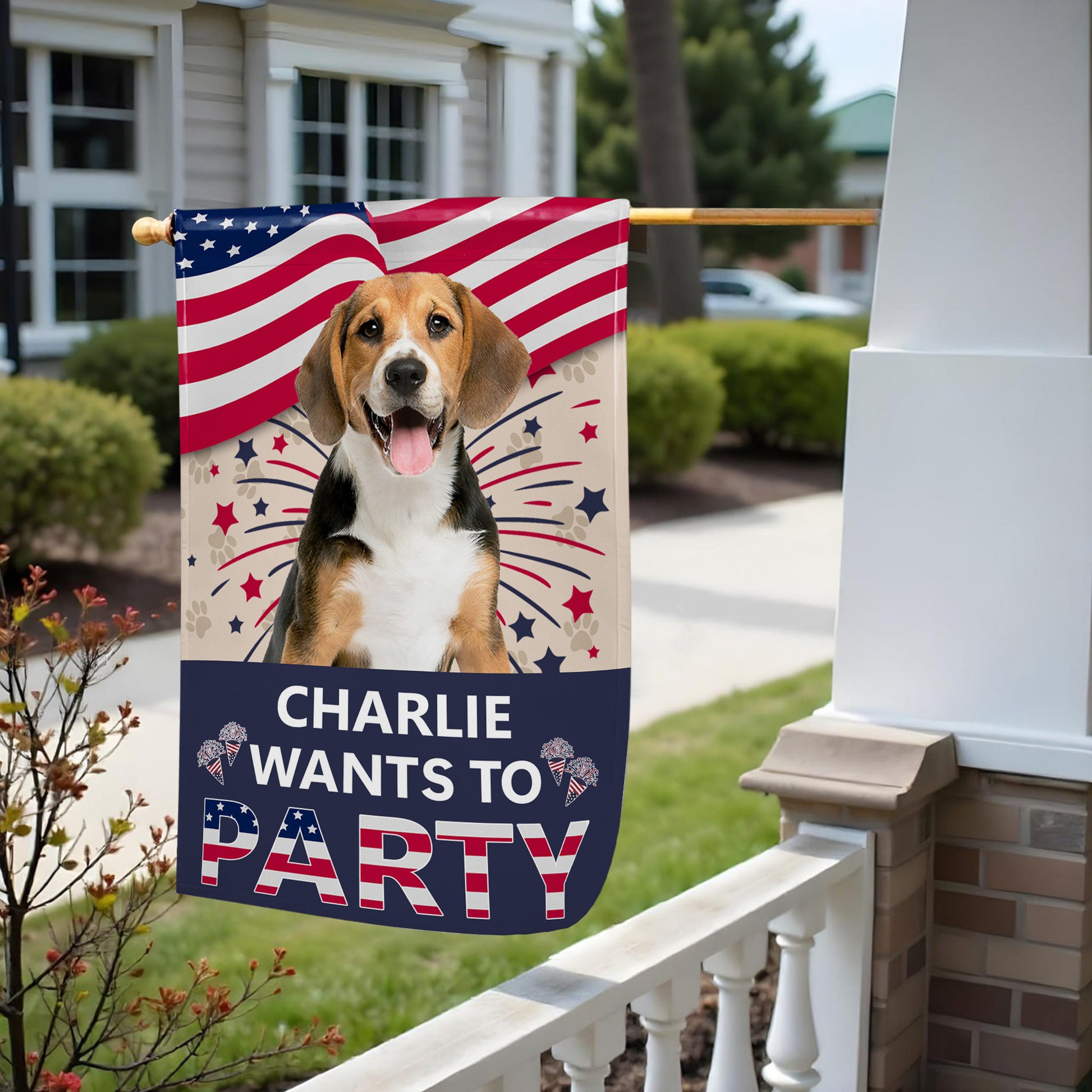Charlie Wants To Party With American Flag And Paw Prints