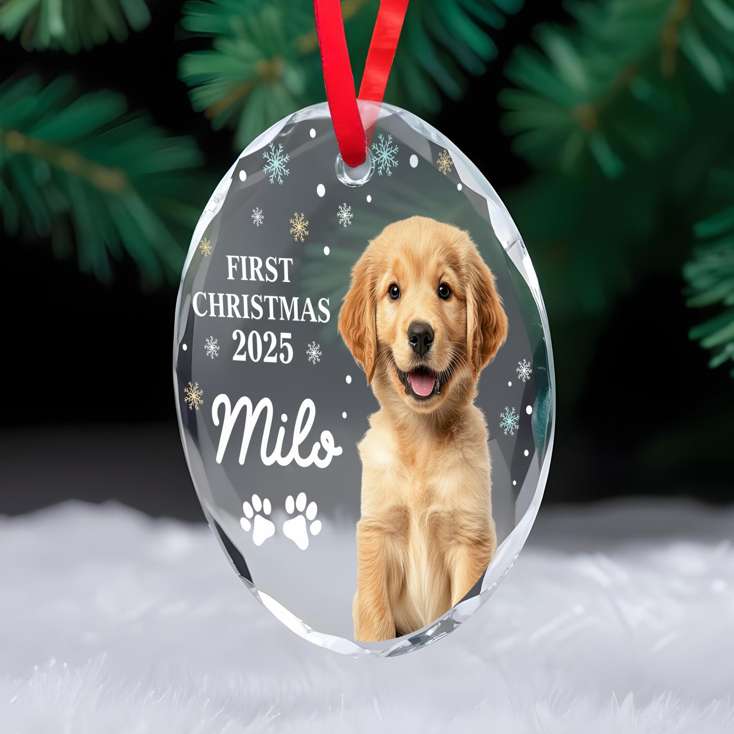First Christmas With Cute Puppy And Snowflakes