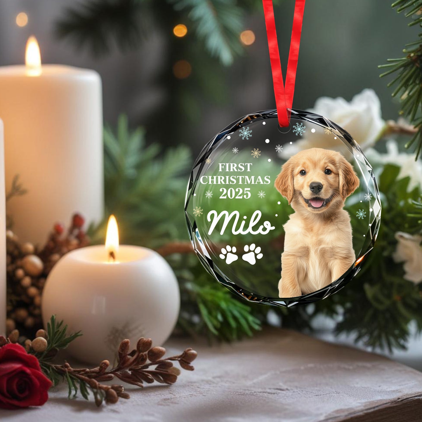 First Christmas With Cute Puppy And Snowflakes