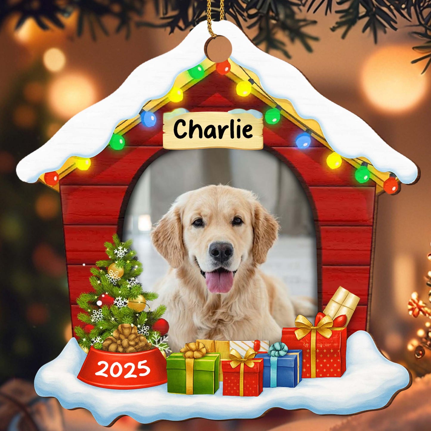 Festive Pet Ornament With Christmas Lights And Gifts