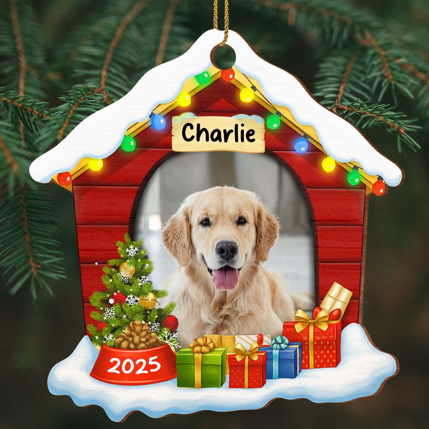 Festive Pet Ornament With Christmas Lights And Gifts