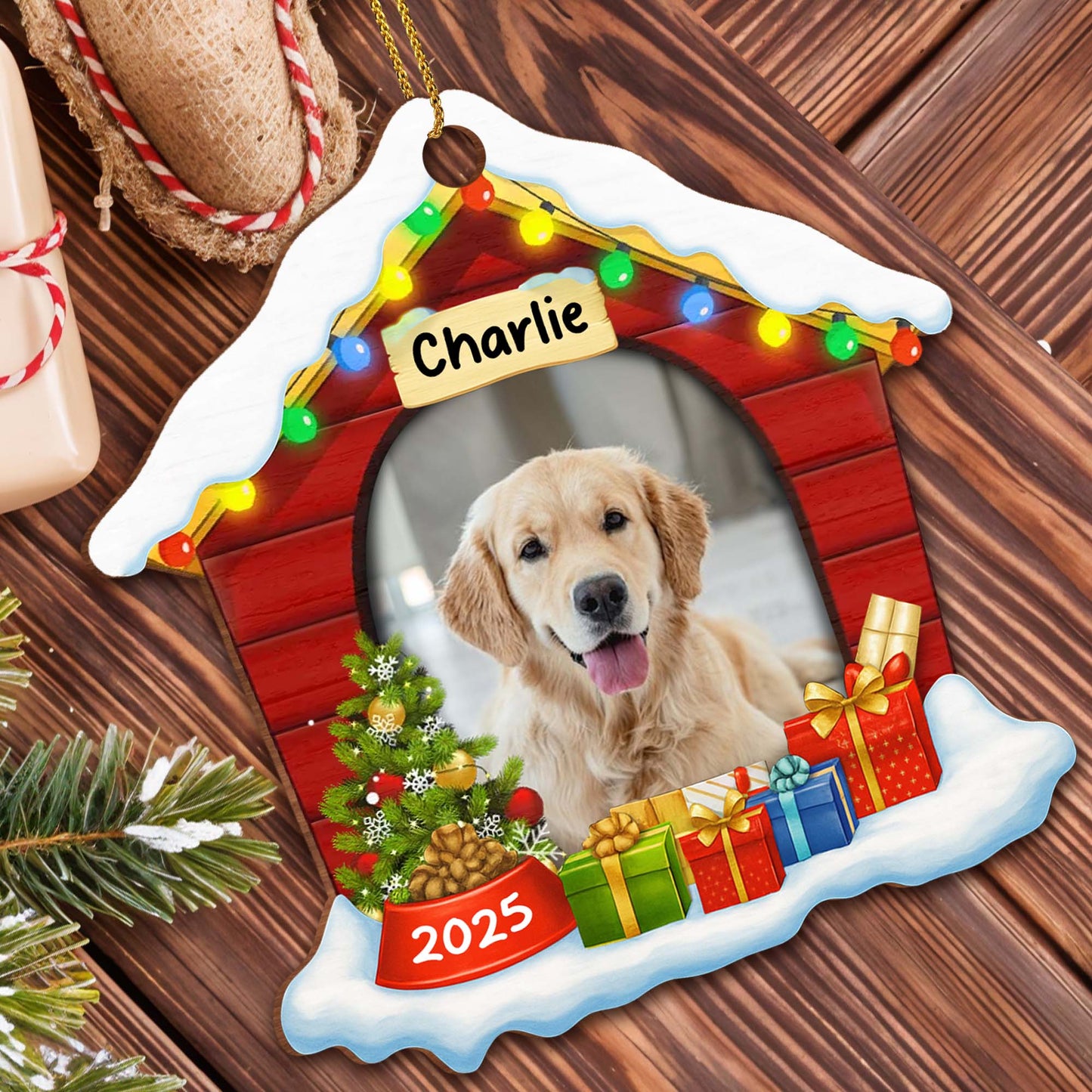 Festive Pet Ornament With Christmas Lights And Gifts