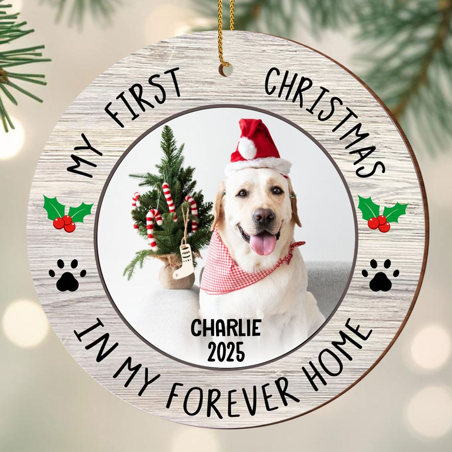 Mon premier Noël dans une maison pour toujours, chien avec un chapeau de Noël – Décoration en bois personnalisée, forme personnalisée – PET122_WDO