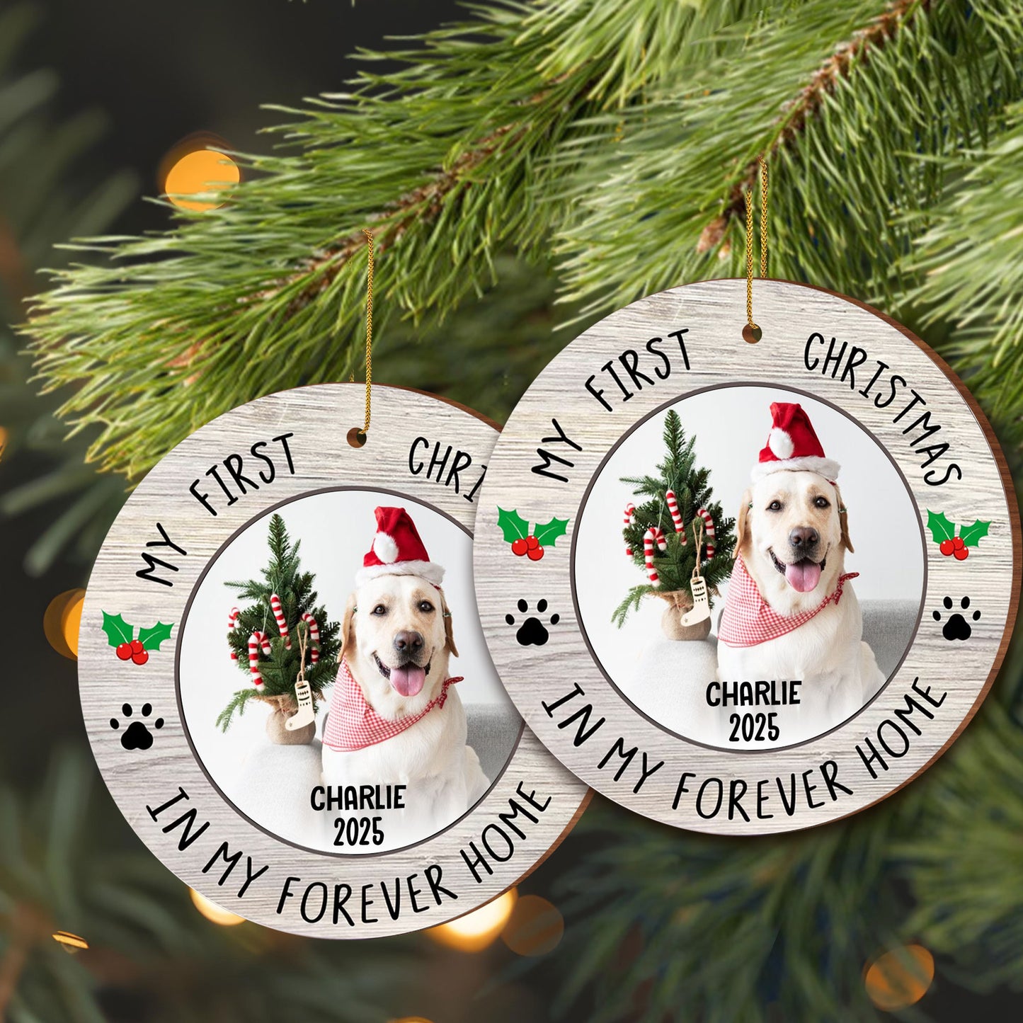 Mon premier Noël dans une maison pour toujours, chien avec un chapeau de Noël – Décoration en bois personnalisée, forme personnalisée – PET122_WDO
