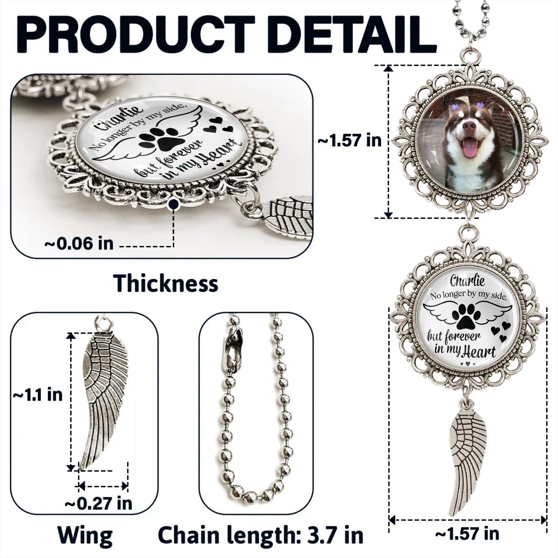 Charlie No Longer By My Side But Forever In My Heart, Angel Wing And Pendant Charm