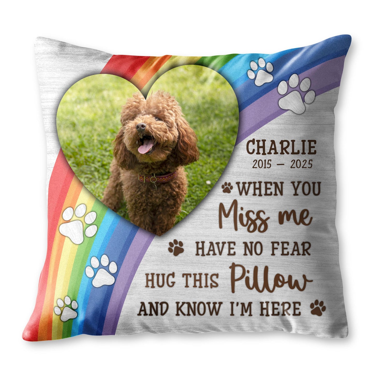 When You Miss Me Hug This Pillow, Paws and Rainbow Heart