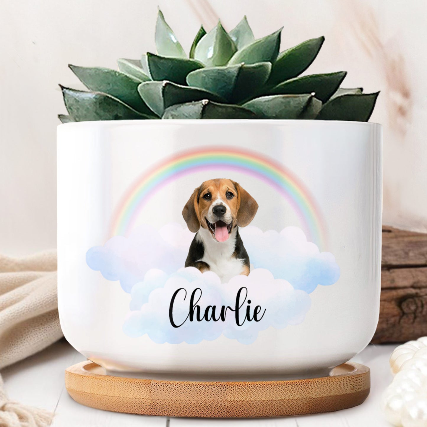 Customize With Your Pet's Name, Dog, Rainbow And Clouds - Personalized Ceramic Plant Pot - PME033_CEP