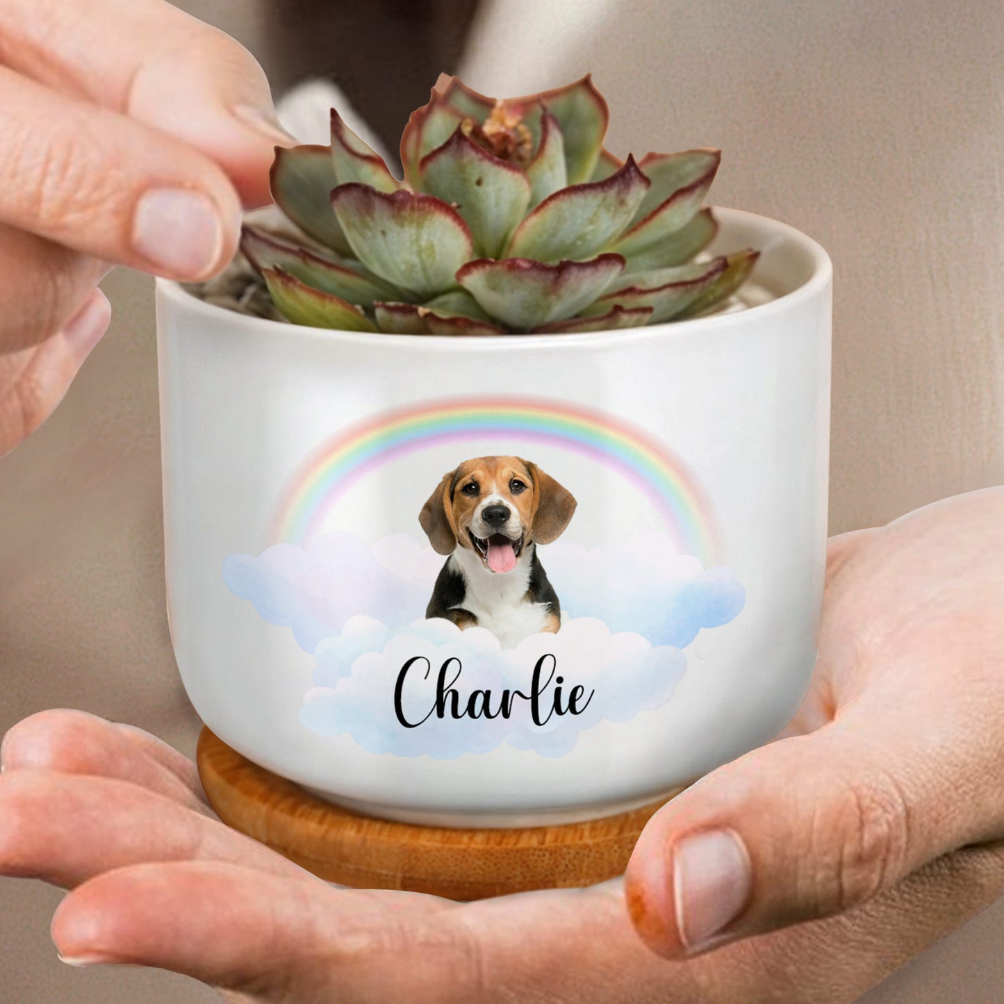 Customize With Your Pet's Name, Dog, Rainbow And Clouds - Personalized Ceramic Plant Pot - PME033_CEP