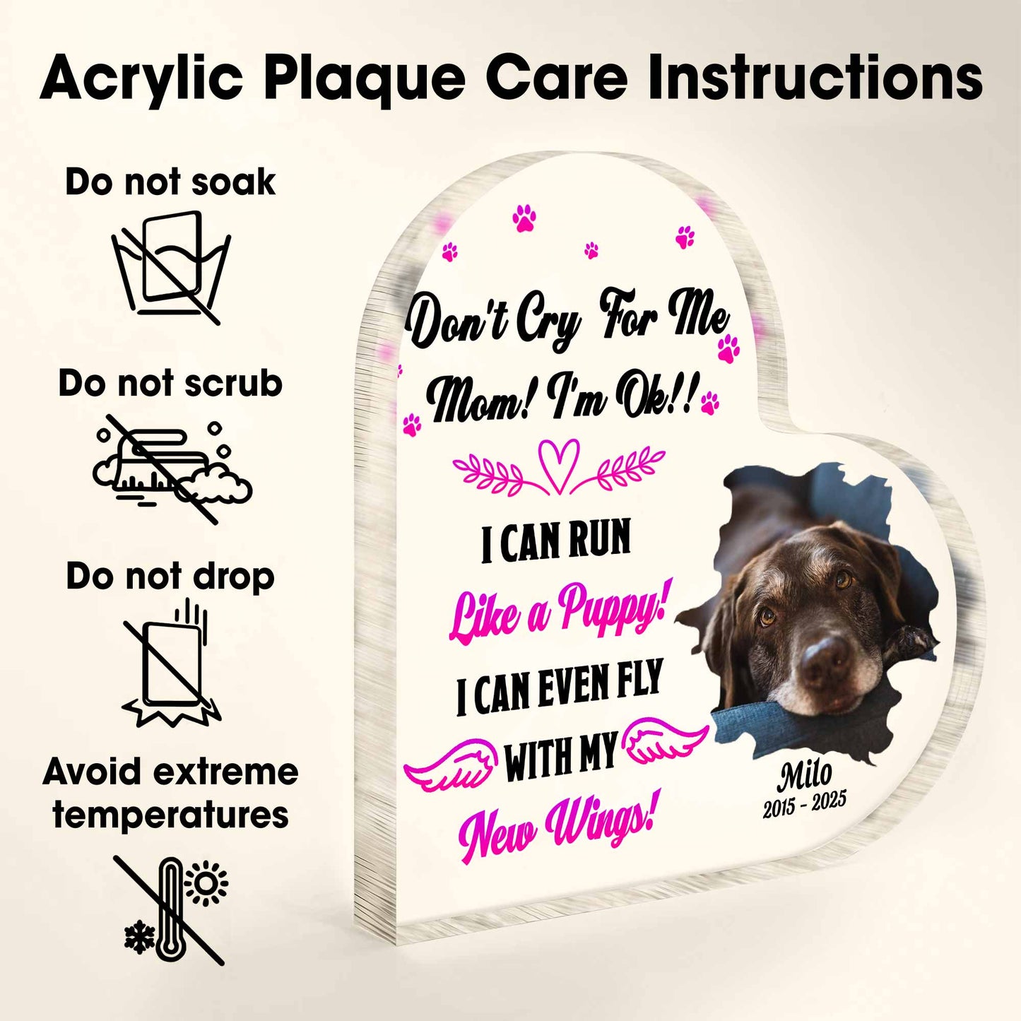 Don't Cry For Me Mom, Wings And Paws Heart Plaque