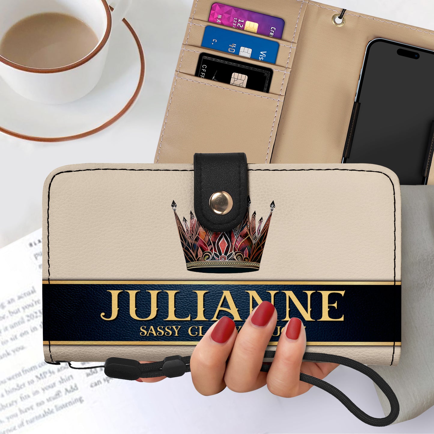Queen Beige - Cartera de cuero personalizada para teléfono - Q02BGPW