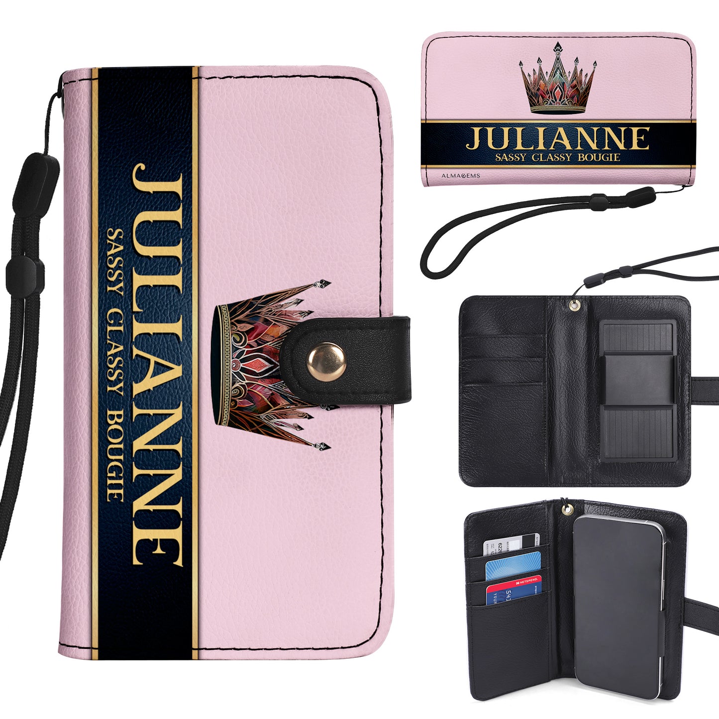 Portefeuille en cuir personnalisé Queen Pink pour téléphone - Q02PPW