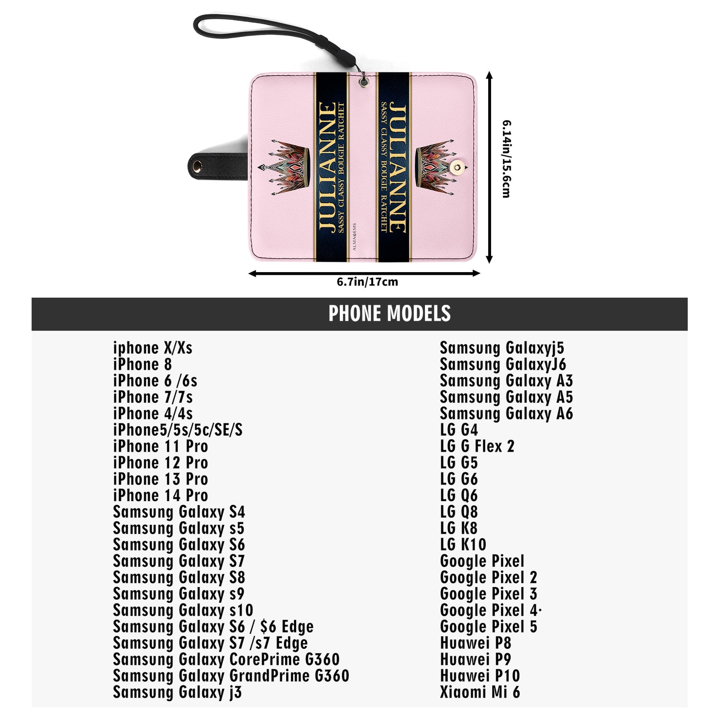 Portefeuille en cuir personnalisé Queen Pink pour téléphone - Q02PPW