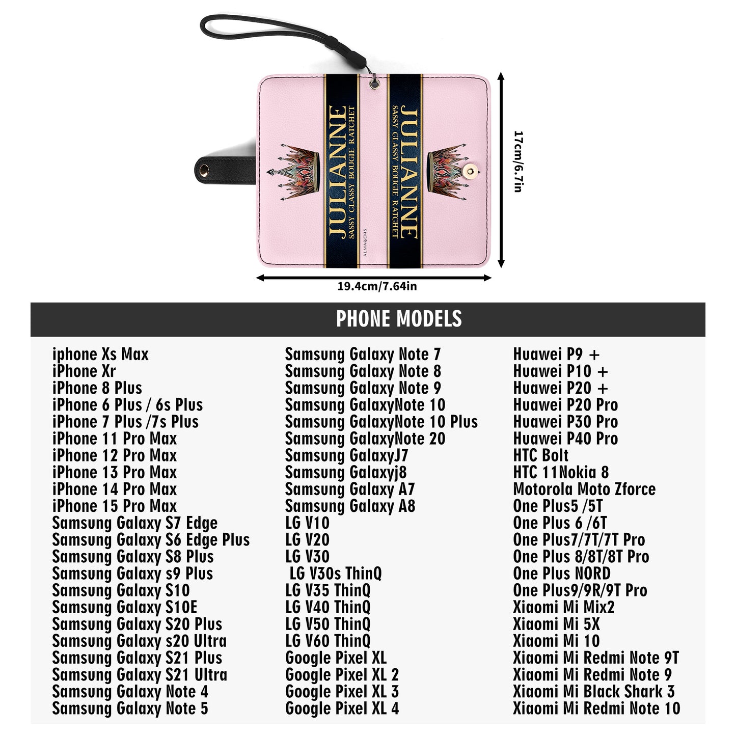 Portefeuille en cuir personnalisé Queen Pink pour téléphone - Q02PPW