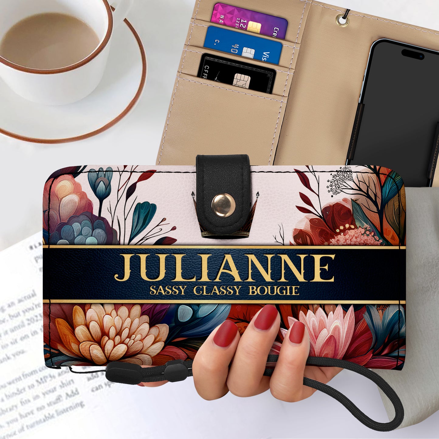 Cartera de cuero personalizada para teléfono Queen Flowers - Q02FPW