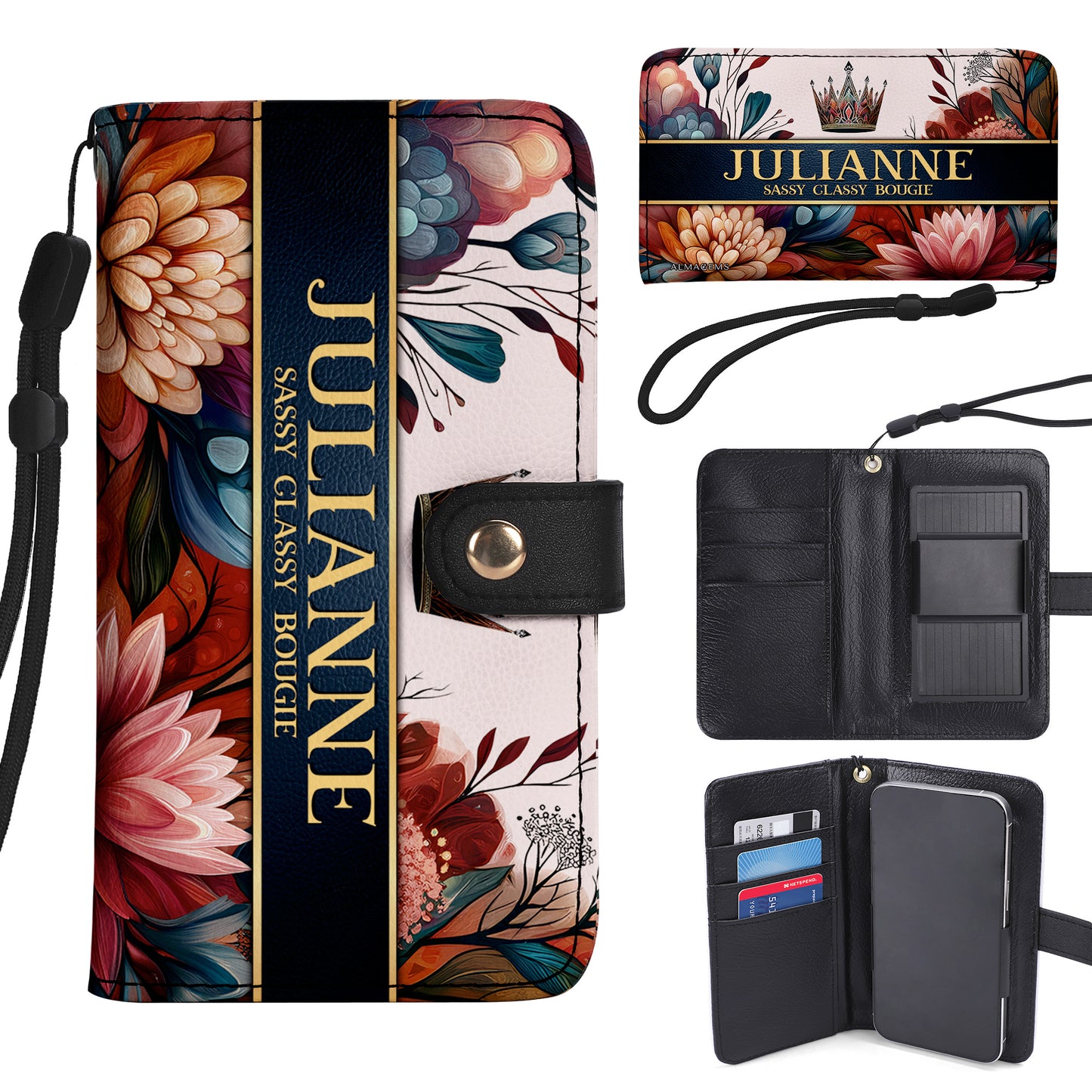 Cartera de cuero personalizada para teléfono Queen Flowers - Q02FPW