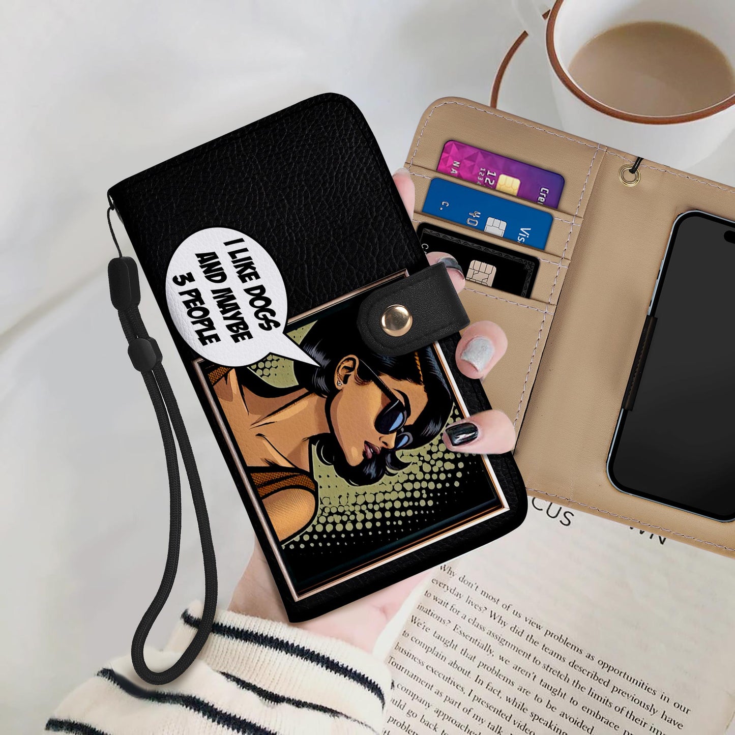 Personalice con arte y texto personalizados - Billetera de cuero personalizada para teléfono - QCUSTOM01PW