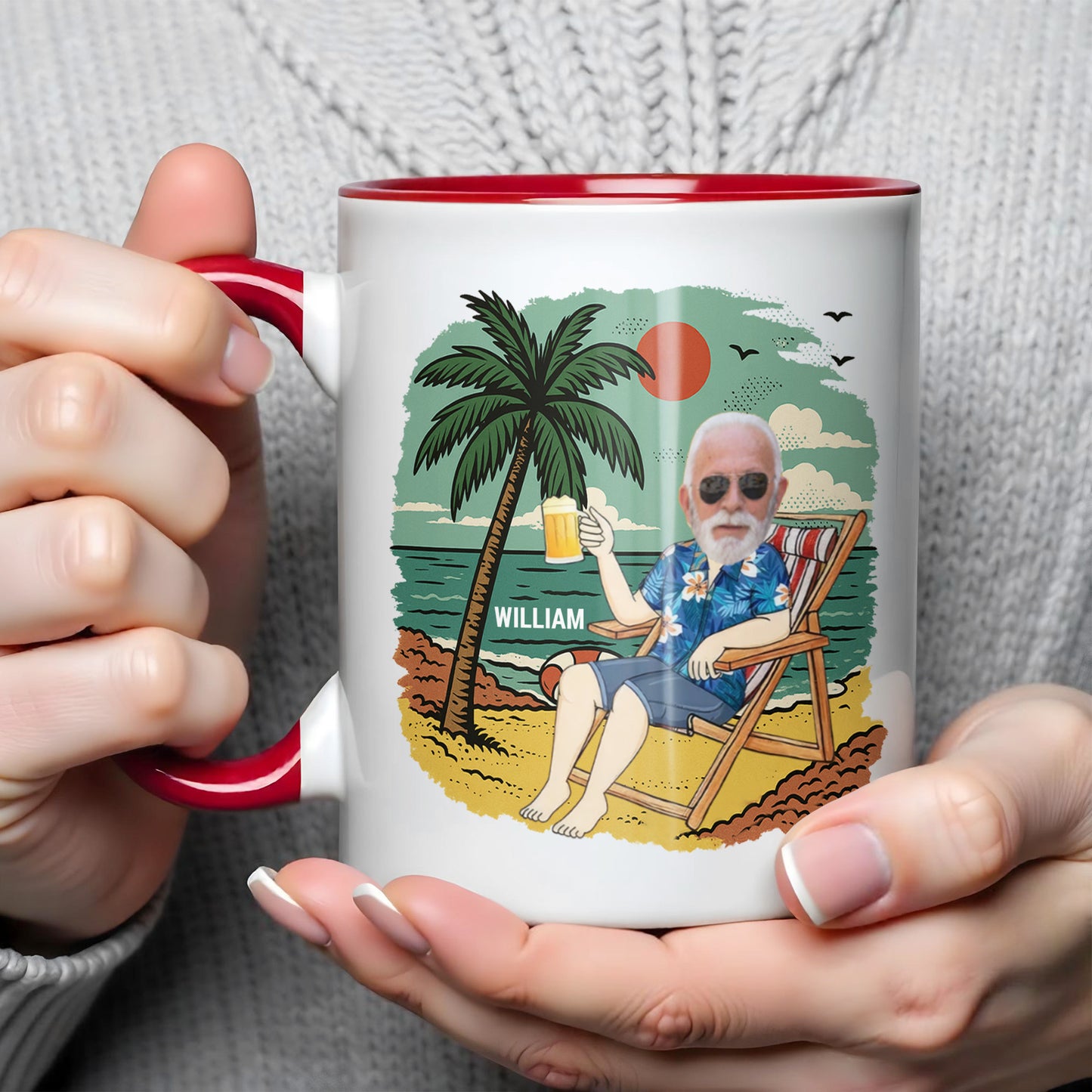 Détendez-vous et savourez votre boisson, motif palmier et plage – Tasse personnalisée avec accents – RETIRE003_AMUG