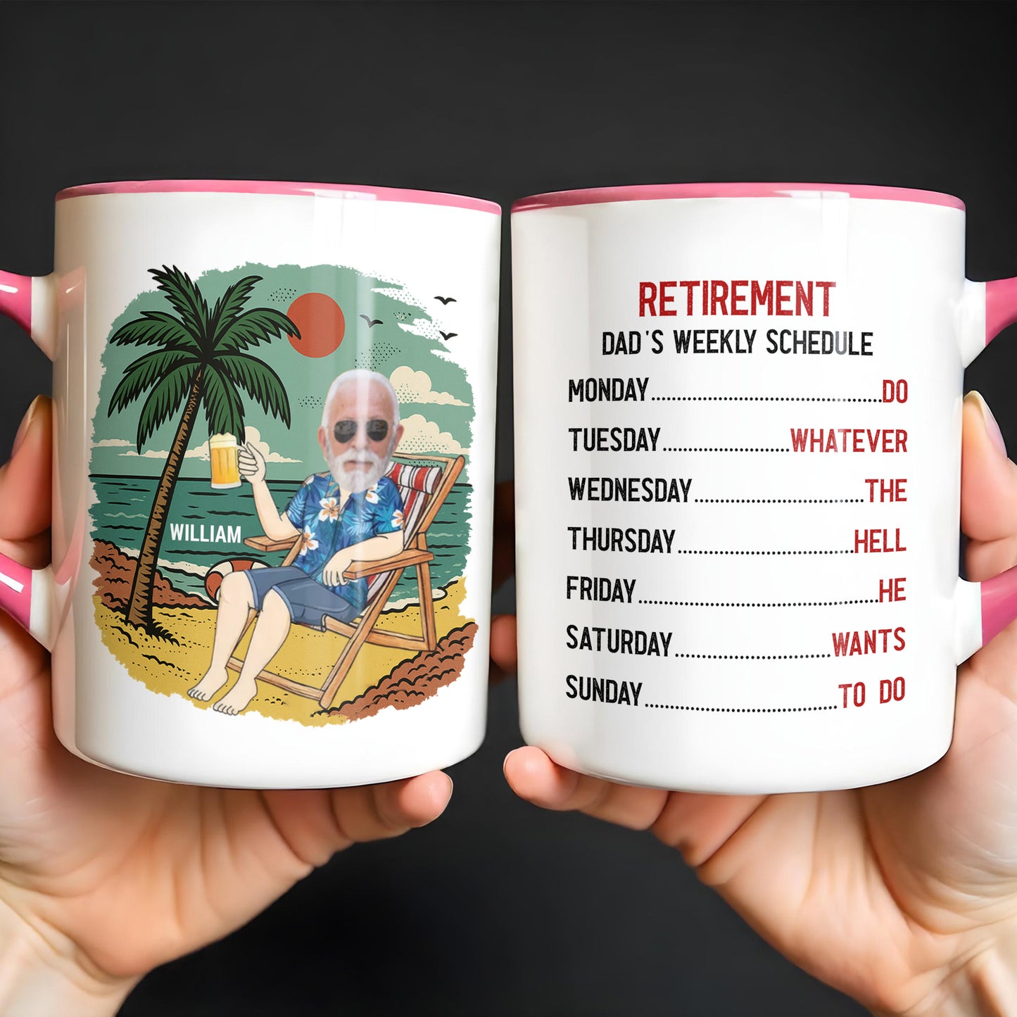 Détendez-vous et savourez votre boisson, motif palmier et plage – Tasse personnalisée avec accents – RETIRE003_AMUG