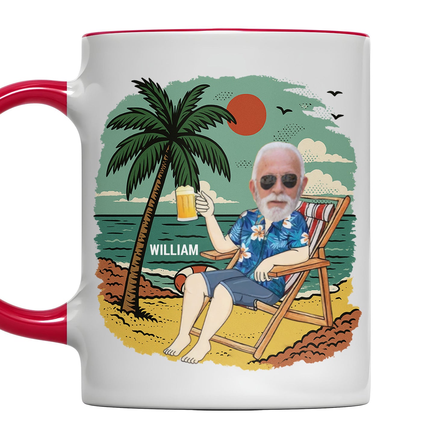 Détendez-vous et savourez votre boisson, motif palmier et plage – Tasse personnalisée avec accents – RETIRE003_AMUG