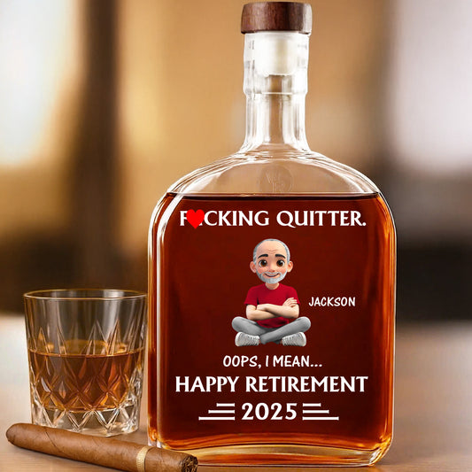 Happy Retirement, Cartoon Character On A Whiskey Bottle