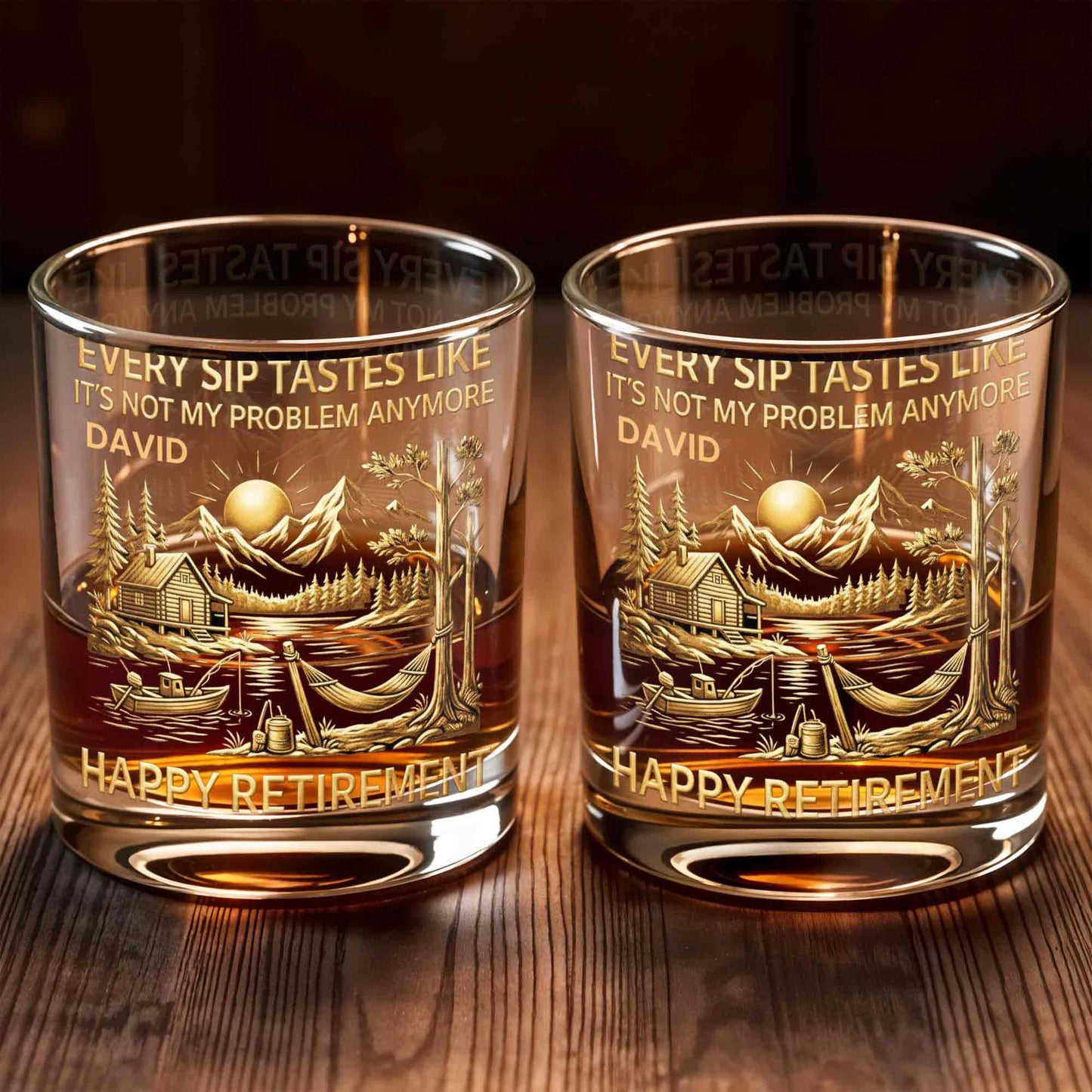 Happy Retirement, Mountains, Cabin, Lake And Sunset Design