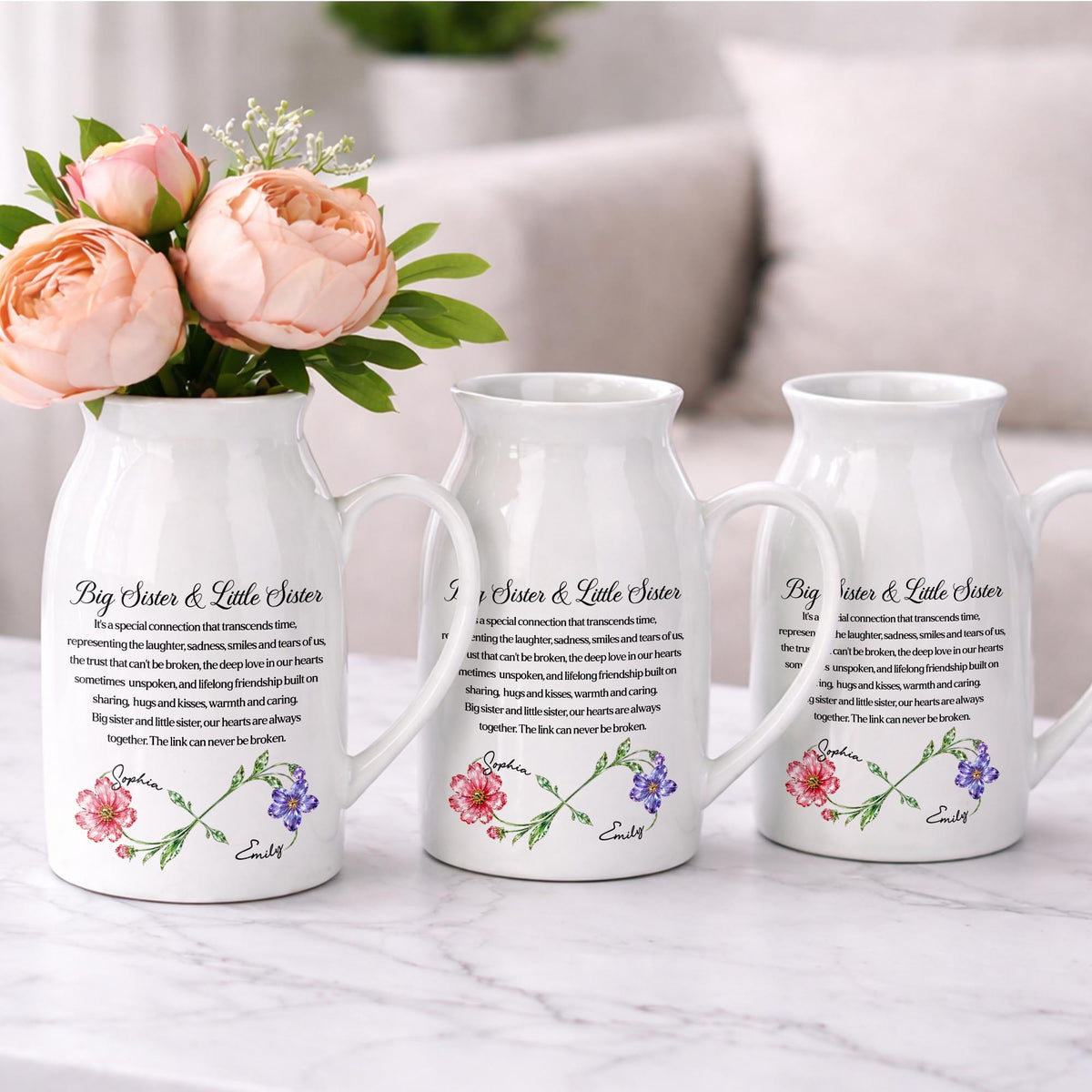 Big Sister & Little Sister Special Connection Birth Month Flowers - Personalized Ceramic Flower Vase - SIS215_CEV