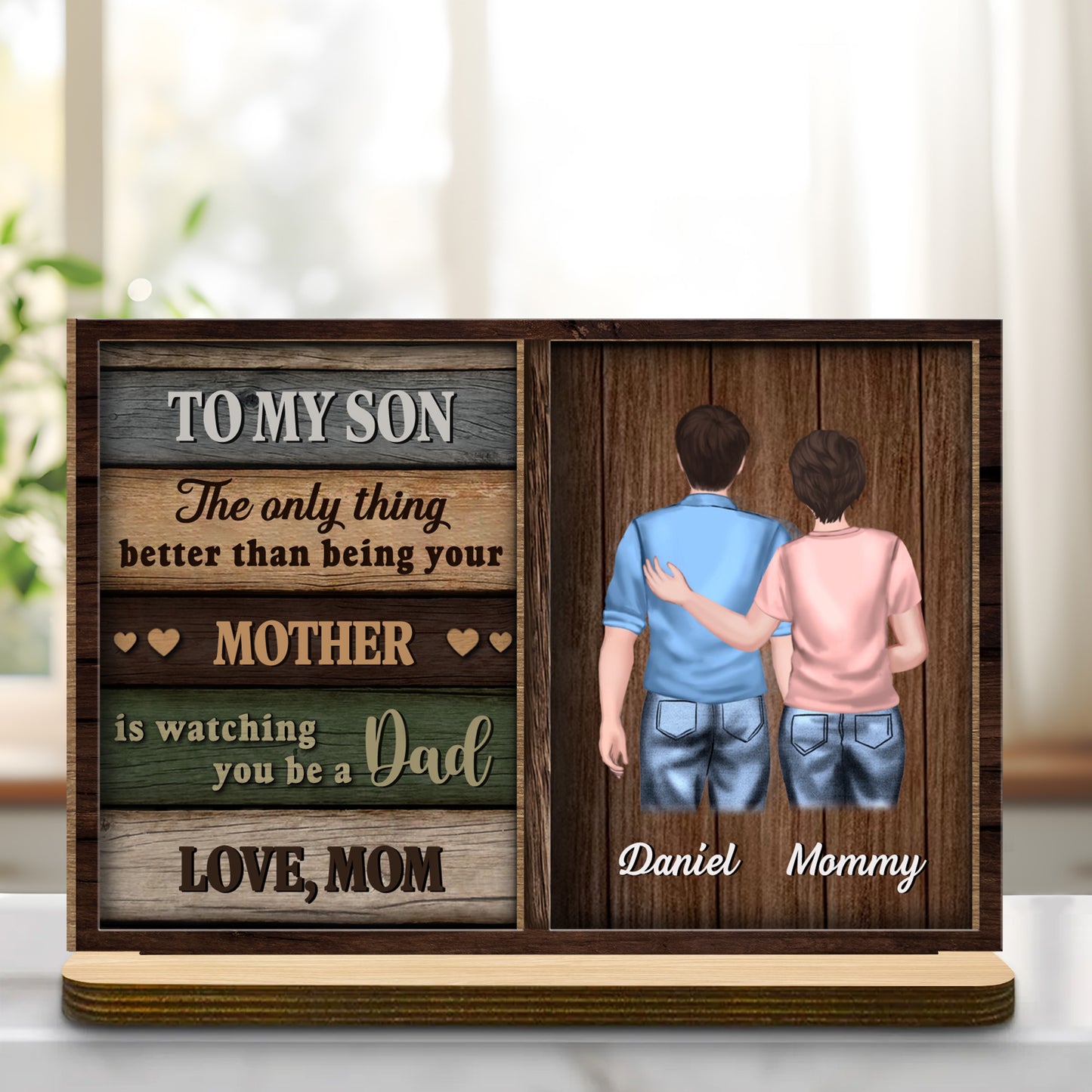 À mon fils, je te regarde devenir papa, plaque en bois - Plaque en bois personnalisée à 2 couches avec base plate - SON056_WPLA