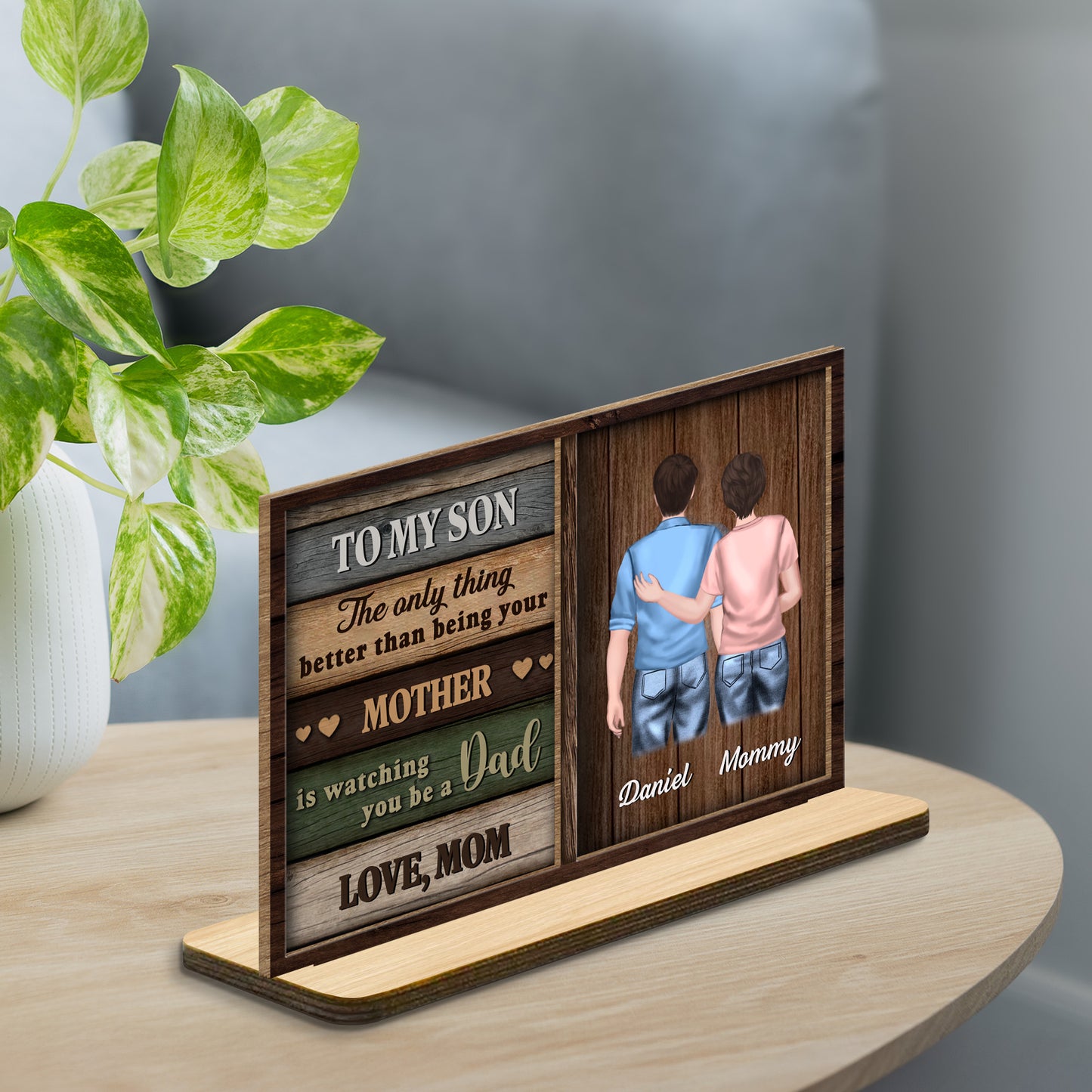 À mon fils, je te regarde devenir papa, plaque en bois - Plaque en bois personnalisée à 2 couches avec base plate - SON056_WPLA