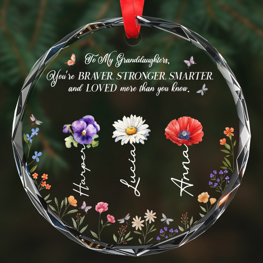 Adorno circular de cristal "Valiente, Fuerte, Inteligente, Amado" con flores y mariposas - Adorno circular de cristal personalizado - GDT058_CGOR