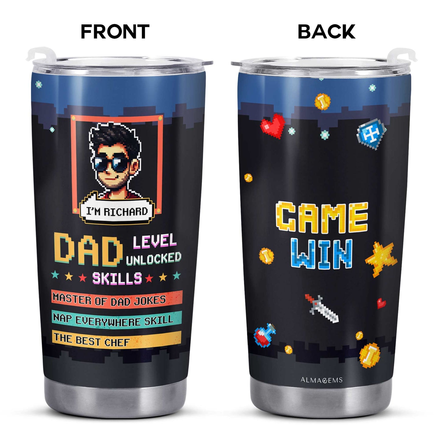 NIVEL PAPÁ DESBLOQUEADO - Vaso de acero inoxidable personalizado de 20 oz y 30 oz - TB_FM06