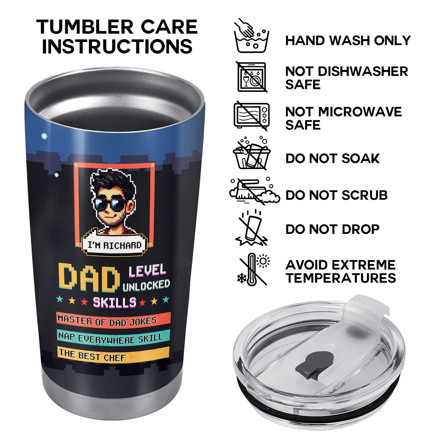 NIVEL PAPÁ DESBLOQUEADO - Vaso de acero inoxidable personalizado de 20 oz y 30 oz - TB_FM06