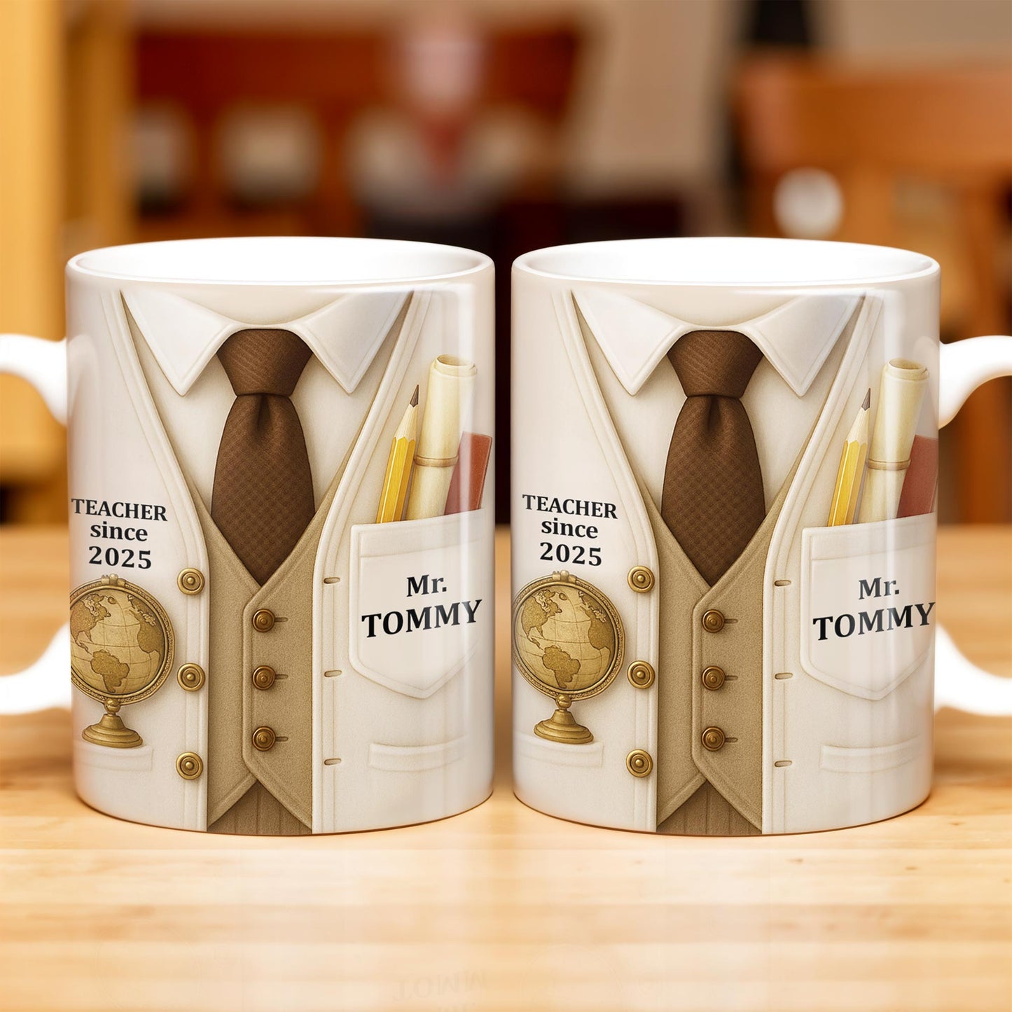 Teacher Since 2025, Suit, Tie, Globe, And Pens Design