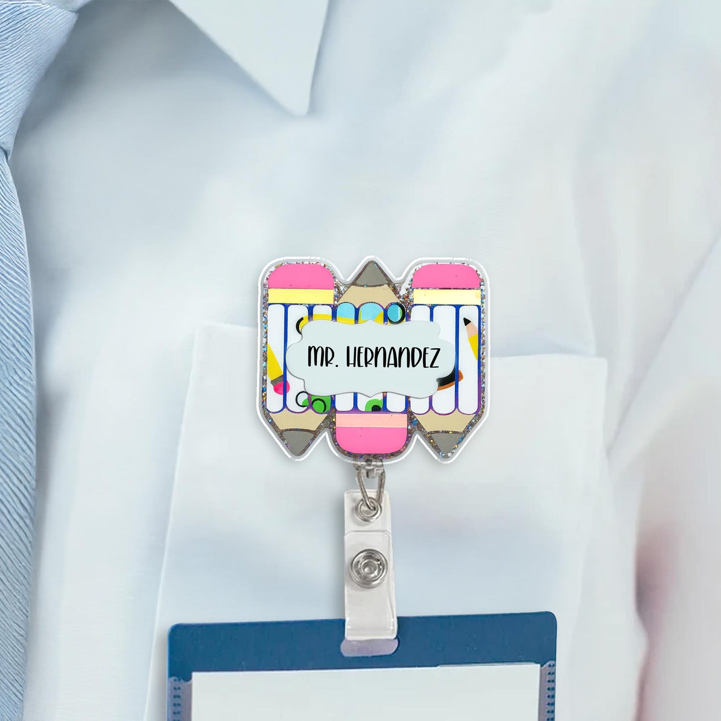 Personalized Teacher Badge Reel With Essential Stationery Design