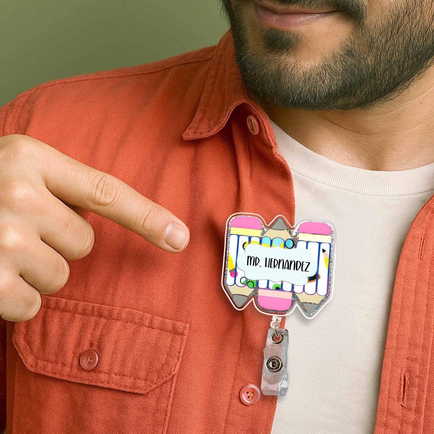 Personalized Teacher Badge Reel With Essential Stationery Design