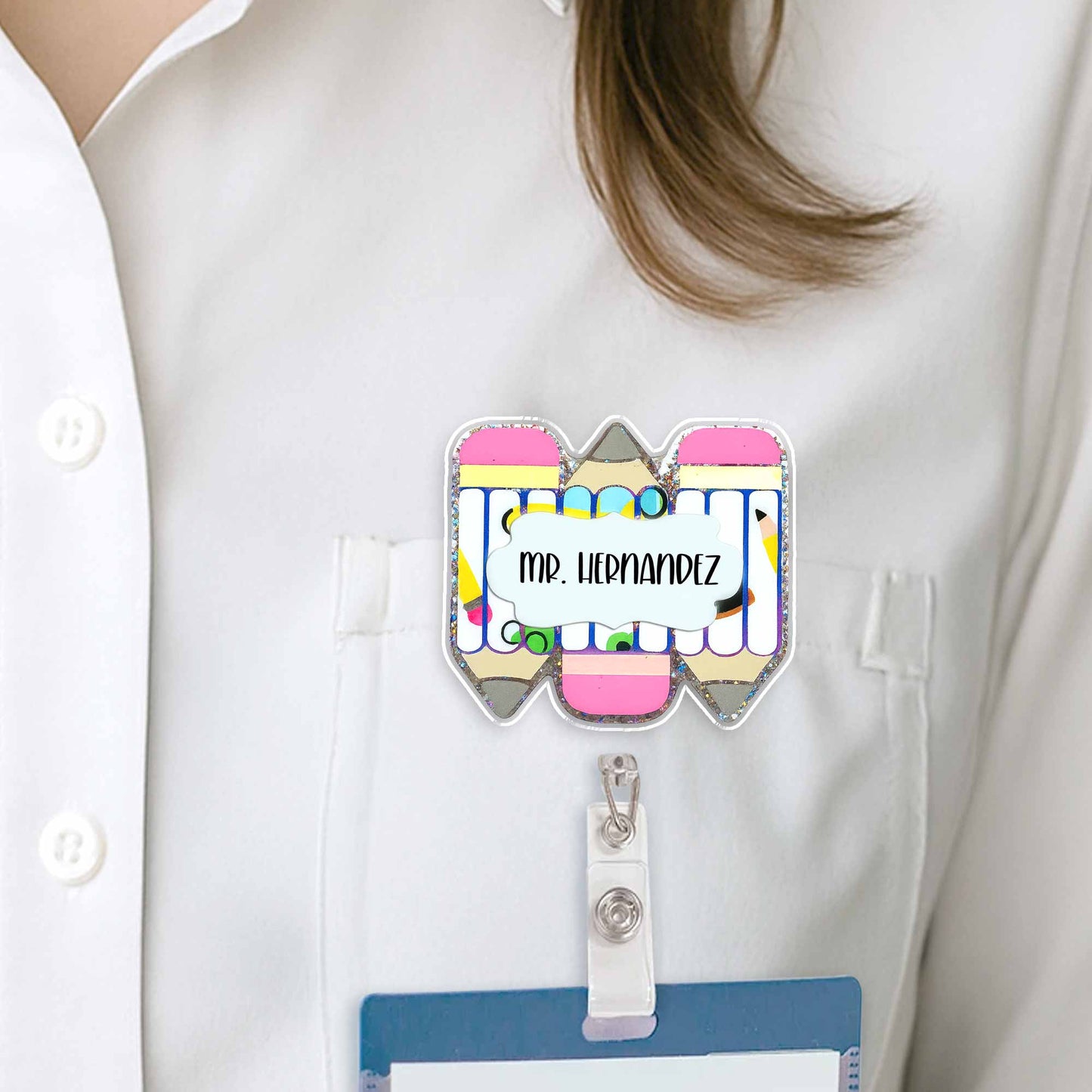 Personalized Teacher Badge Reel With Essential Stationery Design
